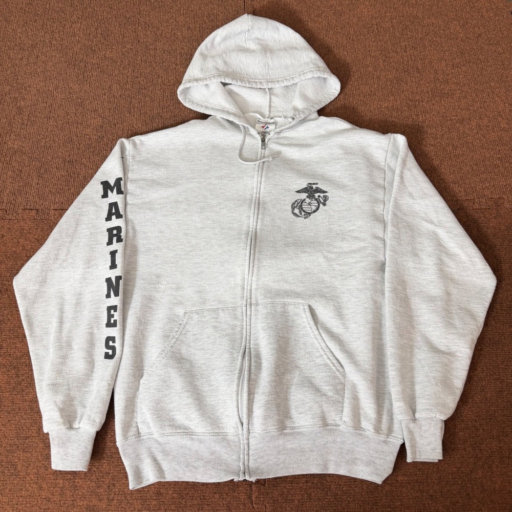 Jerzees USMC Marines Full Zip Hoodie Mens Medium Heather Gray NuBlend Sweatshirt